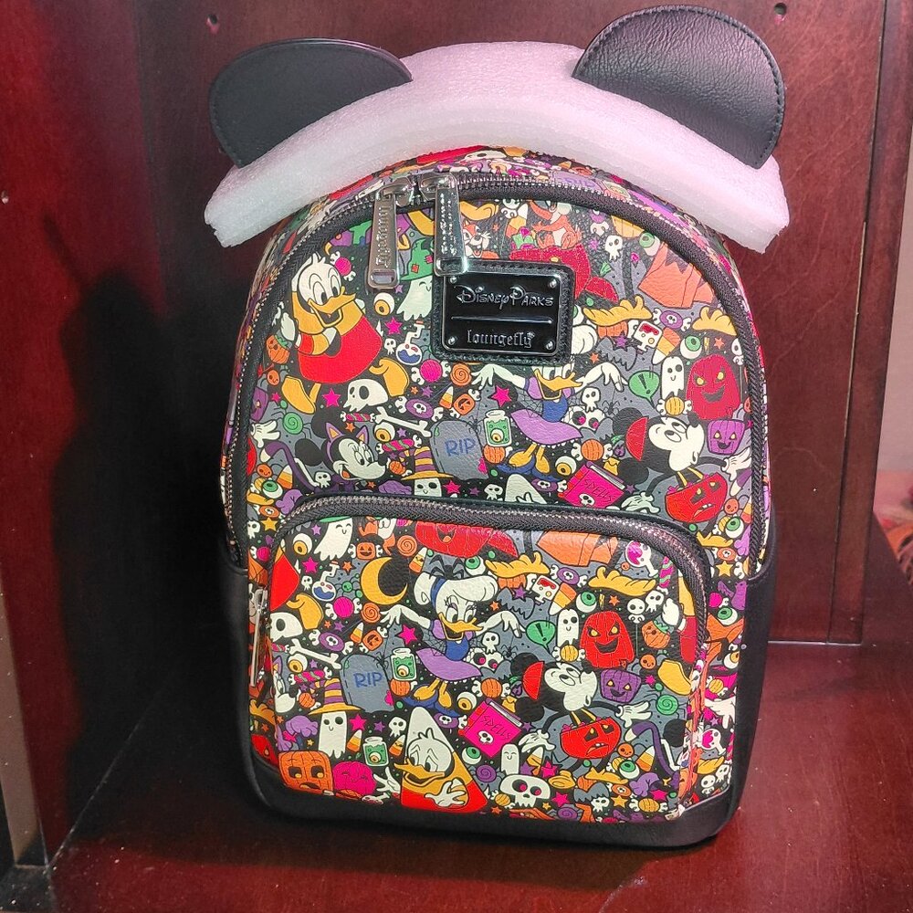 Loungefly Disney Parks Halloween Mickey Ears Mini Backpack Spooky Print NWT - Picture 2 of 15